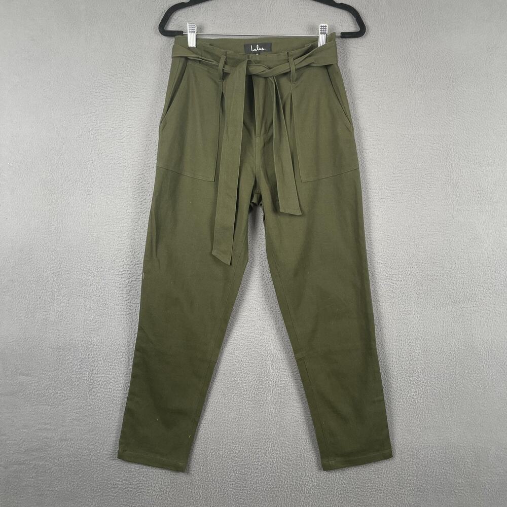 Lulus Pants Womens M Green Paperbag Twill Pull On Belted Pockets Relaxed Fit